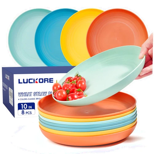 Luckore 10 inch Deep Dinner Plates Set of 8 Wheat Straw Plates, Unbreakable Dinner Plates Set Alternative for Plastic Plates Microwave and Dishwasher Safe for Kitchen with 4 Colors-Classic Bright