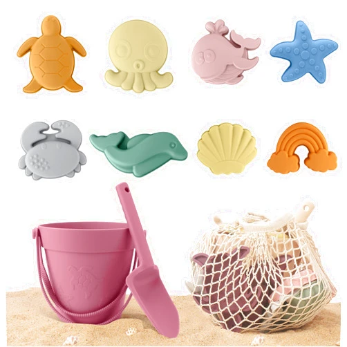 Wellanpower 11 Pcs Silicone Beach Toys, Modern Baby Beach Toys for Sand, Travel Beach Set Silicone Sand Toys for Toddlers, Kids, Include Silicone Bucket Shovel Cotton Bag
