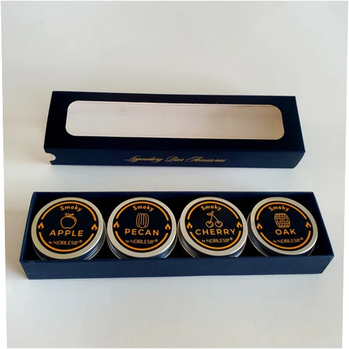 NobleSip Wood Chips for Cocktail and Food Smokers. PREMIUM Smoky by NOBLESIP. Set of 4 Natural Flavors: Apple, Cherry, Pecan, Oak. Smoke Whiskey, Bourbon, Old Fashioned, Meats and Cheese. Smokes 200+ drinks
