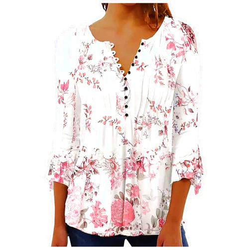 SMIDOW Bohemian Tops for Women Trendy 2023 Sexy Elegant t-Shirt Boho Floral Print 3/4 Bell Sleeve v Neck Shirts Blouse