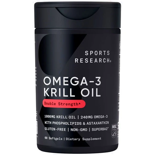Sports Research Antarctic Krill Oil Omega 3 Softgels 1000mg (Double Strength) with Phospholipids, Choline & Astaxanthin - Sustainably Sourced, Non-GMO Verified & Gluten Free - 60 Capsules