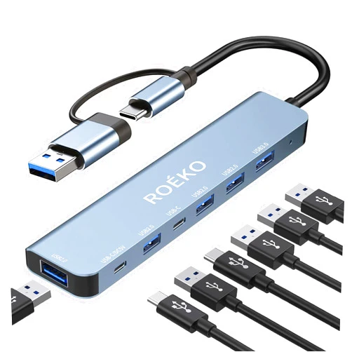 ROÉKO USB Hub 3.0,USB C hub,USB hub with USB C Multiport Adapter, USB Splitter with 1xUSB 3.0,4xUSB2.0,2 x USB C,USB c hub for MacBook Pro/PC/Laptop/Tablet Devices (Grey 7in1)