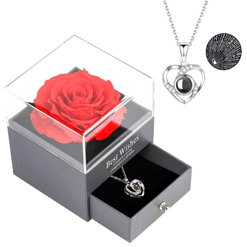 OTAOATO Forever Rose in a Box with Hearts Necklace - Anniversary Ideas, Wedding Registry Essentials, Bride to be Gifts for Her, Flower for Delivery Prime Birthday Gift - Red Rose Flower Box