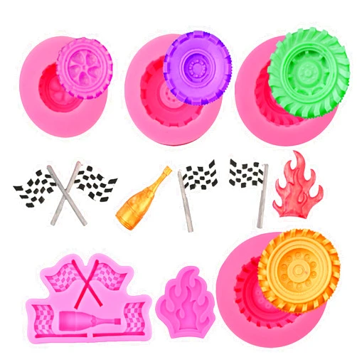 HWSFYES 6PCS Race Car Mold, Silicone 3D Tire Fondant Mold Truck Wheel Mold Fire Chocolate Molds for Fondant Candy Baking Cupcake Topper Cakes Decorating