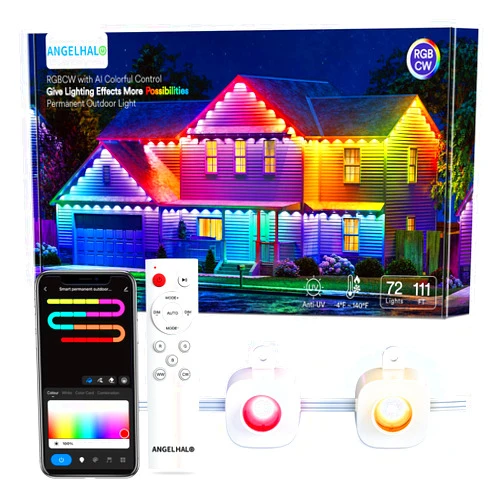 ANGELHALO Permanent Outdoor Lights, 100ft Smart RGBAI Outdoor Lights with 72 LED Lights, Cool/Warm Eaves Lights IP65 Waterproof for Outdoor Decor, Garden Decor, Works with Alexa, Google Assistant