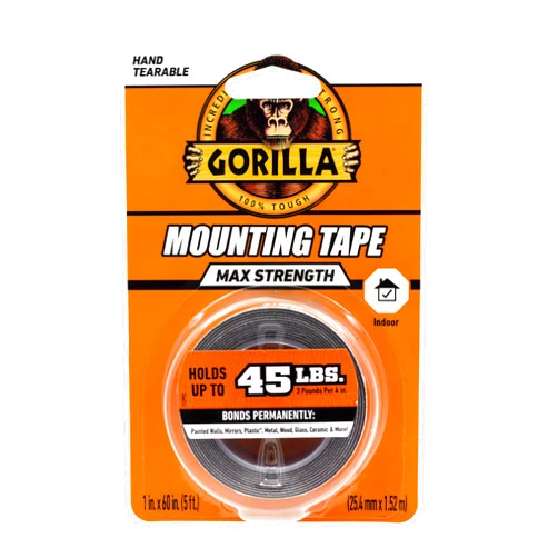 Gorilla® Max Strength Mounting Tape, Double-Sided, Instant Hold, Permanent Bond with Reinforced Strength, 1 inch x 60 inches, Black (Pack of 1)