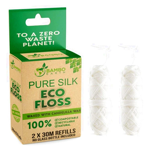 BAMBOEARTH Biodegradable Mint Dental Tooth Lace Floss - 2X Refillable Flossers - 100% Organic Natural and Compostable Teeth Silk Spool - Waxed with Candelilla Wax & Eco-Friendly Zero Waste Packaging