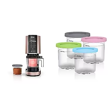 Ninja NC301 CREAMi Ice Cream Maker, Rose Gold & XSKPLD4BCD Pints 4 Pack, Compatible with NC299AMZ & NC300s Series Creami Ice Cream Makers, 1, Clear/Grey/Lime/Pink/Acqua Rose Gold 1 Pint Ice Cream Maker + Ice Cream Makers