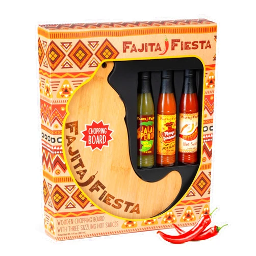 Fajita Fiesta Pepper Board Gift Set with Hot Sauces, 3ct - Great gift idea for Cinco de Mayo Celebrations, Father's Day, or Birthdays! - Flavors Include Jalapeno, Chipotle and Cayenne, Gifts for Men