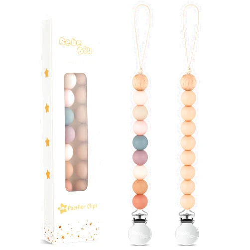 BebeBiu 2 Pack Pacifier Clips, Silicone Pacifier Clip for Baby Boys and Girls, Baby Pacifier Strap with Silicone Beads, Soother Dummy Holder, Pacifier Holder, Keeps Pacifier Clean (Blossom/Apricot)