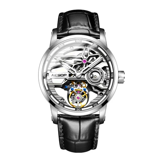 AESOP Skeleton Tourbillon Men Watches Hollow Skeleton Dial Mechanical Hand Wind Analog Men Wristwatches Super Luminous Sapphire Crystal Mirror Waterproof Business Luxury Watch 7053