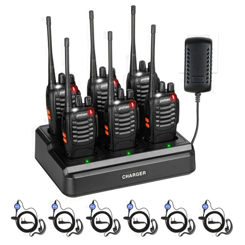 Pxton walkie talkies for Adults Long Range with Upgraded Earpiece,radios walkie talkies Rechargeable Portable Two Way Radios with 6 Way Multi Gang Charger and Li-ion Battery (6 Pack)