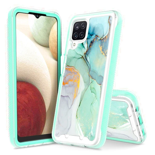 Rosebono Compatible with Samsung Galaxy A22 5G Case with Built-in Screen Protector, Hybrid Graphic Design Pattern Hard Back Pannel Cover 360 Protection Case for Samsung Galaxy A22 5G (Green Marble)