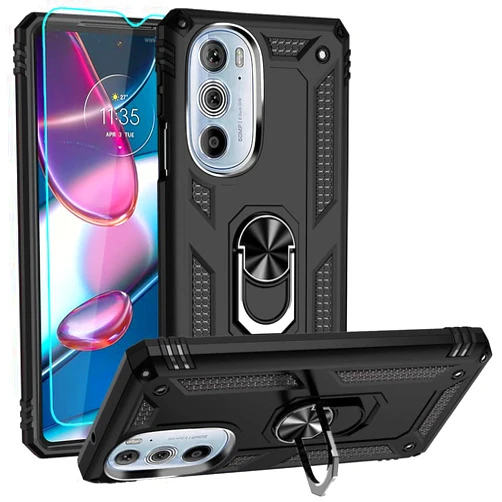 Androgate for Motorola Moto Edge Plus 2022 Case, Edge+ 2022 Case with HD Screen Protector, Military-Grade Metal Ring Holder Kickstand 15ft Drop Tested Shockproof Cover Case for Moto Edge+ 2022, Black