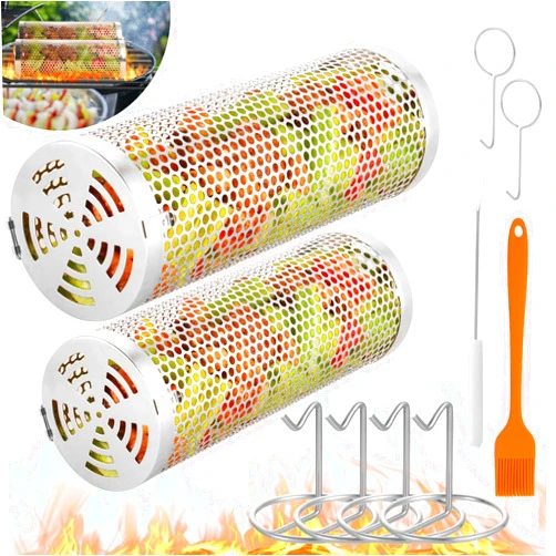 Reclite Rolling Grilling Baskets for Outdoor Grilling BBQ Grill Basket Stainless Steel, grill basket for veggies Fish, Shrimp, Meat, Fries Food Camping, Gift for Men(Small+Large)
