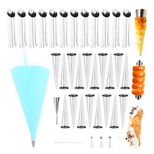 XuYelora 35pcs Cream Horn Kits for Baking, Cannoli Forms Tubes Kit, Stainless Steel 16pcs Cone Shaped and 12pcs Tubular Shaped Baking Pan for Danish Pastry, Cream Roll, Croissant