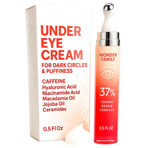 WONDER FAMILY Caffeine Under Eye Cream for Puffiness and Bags Under Eyes - Roller for Puffy Eyes and Dark Circles Under Eye Treatment for Women, Men - Hyaluronic Acid and Niacinamide Serum - Face Puffiness Reducer