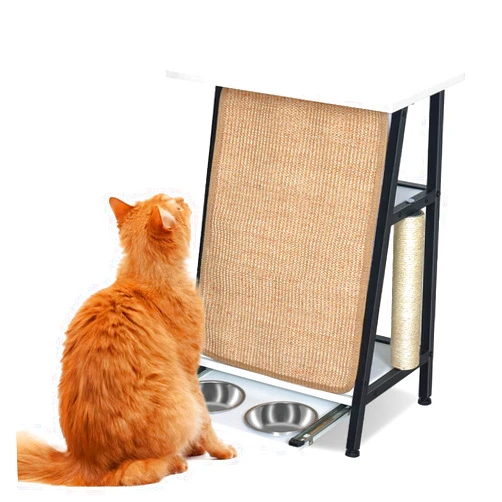 Kfvigoho Multi-Functional Cat Furniture: Sofa End Table with Cat Bowl Feeding Station, Scratching Post, and Scratching Pad