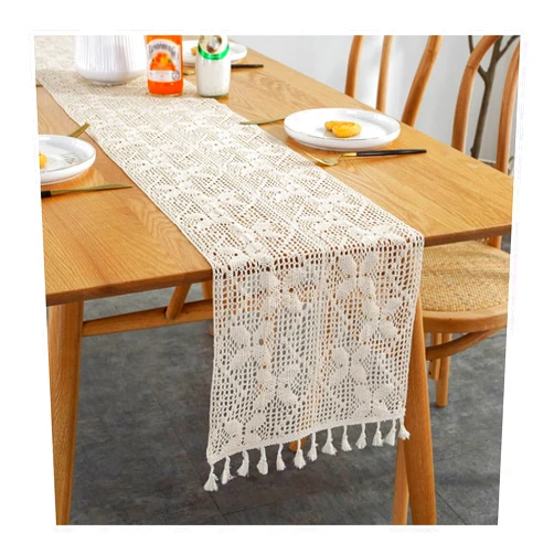 Lieson Christmas Table Runner Cotton Polyester, Table Runner 12x71 Inch Beige Hollow Embroidery Table Runner for End Table