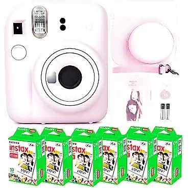 Fujifilm Instax Mini 12 Camera with Fujifilm Instant Mini Film (60 Sheets) Bundle with Deals Number One Accessories Including Carrying Case, Photo Album, Stickers (Blossom Pink)