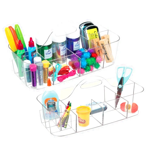 mDesign Plastic Divided Art and Craft Storage Organizer Caddy Tote Bin with Handle for Home Office and Living Room - Holds Pencils, Crayons, Sewing Supplies - Lumiere Collection, 2 Pack, Clear