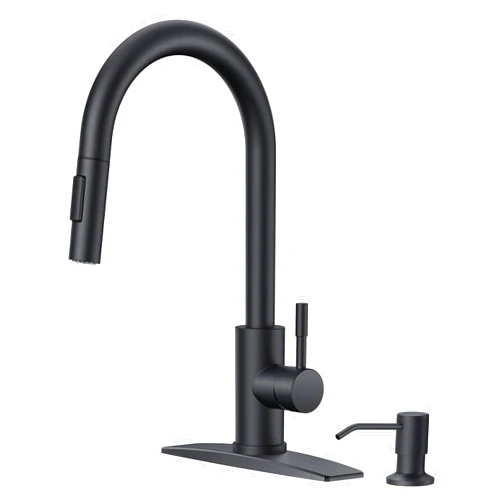 FORIOUS Kitchen Faucet with Soap Dispenser, Black Kitchen Faucet with Pull Down Sprayer, Stainless Steel Modern Kitchen Sink Faucet Matte Black High Arc with Sing Handle and Deck for 1 or 3 Hole