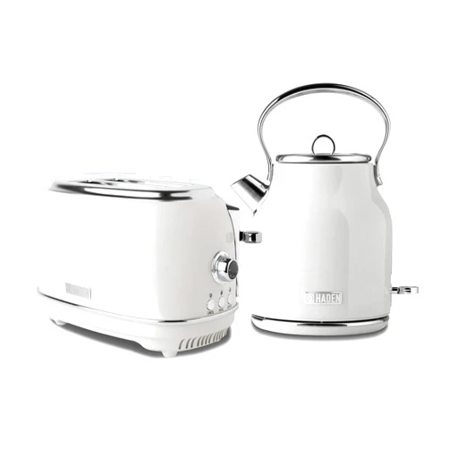 Haden Heritage 1.7 Liter Stainless Steel Body Retro Electric Tea Kettle with 2 Slice Wide Slot Stainless Steel Bread Toaster, White
