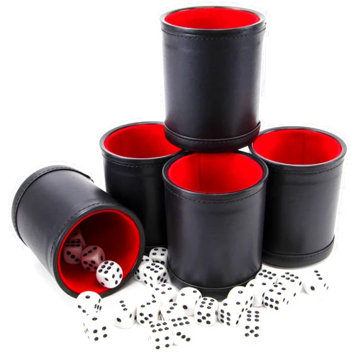 Brybelly Dice Set with Dice Shaker Cup - Perfect for Casino Dice Game for Family Leather - Poker Dice Shaker - 5 Red Lined Dice Cups and 25 Dice Sets