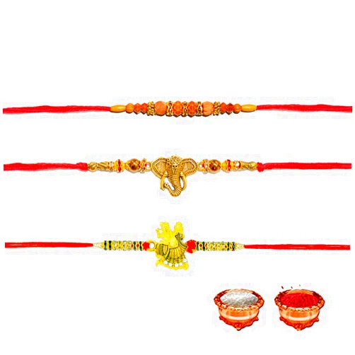 Vibrant-Gujarat Radha Krishna Rakhi for Brother Three Rakhi with designed wishes on festival of Rakhi, Rakshan Bandhan | Designer Ganesh Rakhi | Handmade OM Rakhee