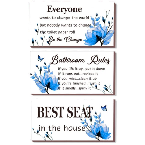 DONFENTHY 3 Pieces Blue Bathroom Decor Bathroom Rules Wall Art Blue Flower Bathroom Rules Signs Best Seat in The House Rustic Farmhouse Wooden Sign for Bathroom Toilet Wall Decor (Blue 10x5 Inch)