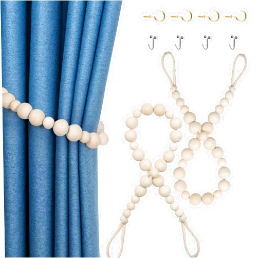 Hion 2 Pcs Boho Curtain Tiebacks,Wood Beads Curtain Holdbacks,Outdoor Farmhouse Tie Backs for Curtains,Curtain Holders for Drapes Home Office Decor with Hooks No Drilling(Wood Color)