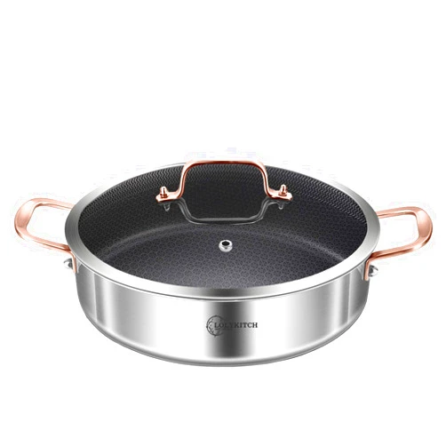 LOLYKITCH 5.5 Quarts Hybrid Tri-Ply Stainless Steel Non-Stick Deep Frying Pan,Sauté Pan with lid,Induction Large Pan, Jumbo Cooker,Heavy Duty & Oven Safe.