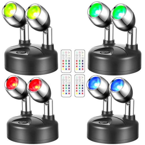 Honoson 4 Pack Dual Head Battery Operated Spotlights Indoor Wireless RGB LED Spot Light with Remote 13 Color Accent Lights with Rotatable Head Stick on Wall Hallway, for Painting Picture(Black)
