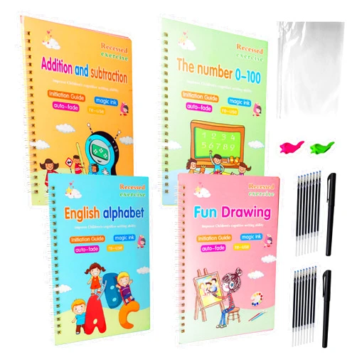 LOMENTICS Generic 4 pc Magic Practice Copybook for Kids, Handwriting Practice Workbook for Pre-K and Kindergarten; Great Head Start Learning Books Includes Reusable English, Numbers, Math and Drawing Workbooks