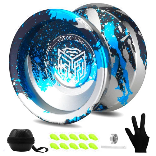 YOYOSTUDIO H17 Professional Metal Yoyo - Dual Function Responsive/Unresponsive Yoyo for Kids and Adults with Bearing Kit, 10 Strings, Case & Glove for Kids & Adults - Black Blue Silver
