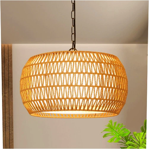 PAUFUL Rattan Farmhouse Chandelier Light Fixtures, 5-Lights Boho Large Pendant Light,Hand Woven Chandeliers for Dining Room with Fabric Shade,Rustic Chandeliers Hanging Light Fixtures for Kitchen Island