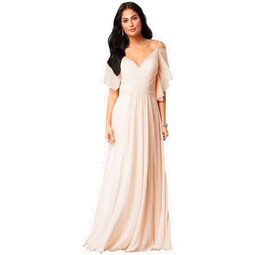 Lilacer Off Shoulder V Neck Chiffon Bridesmaid Dresses Long for Wedding Women Ruffles Sleeves Formal Prom Evening Gowns