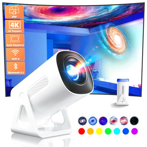 TransarJect Portable WiFi and Bluetooth Projector - 4K 1080P Supported Mini Movie Projector, 270°Adjustable Stand Outdoor Home Theater Star Projector with Ambient Light for Phone TV Stick Laptop