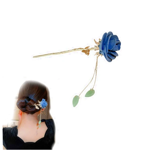Generic Vintage Rose Flower Hair Clips Chinese Style Flocked Flowers Hair Sticks Metal Leaves Pearl Tassel Hairpin Pendant Hair Accessories Chinese Retro Hair Fork Flower Decor Fashion Jewelry For Women (fugu blue)