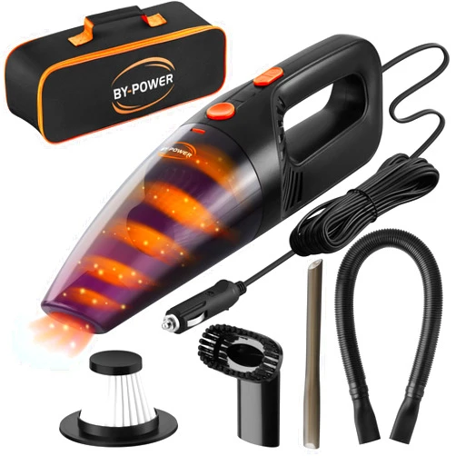 BY-POWER Car Vacuum Cleaner, Portable High Power Mini Handheld Vacuum Cleaner for Wet and Dry Cleaning, Up to 8000 PA, 12V DC, 16 Ft Cord with Bag, Auto Accessories Kit with 2 Filters for Car Interior