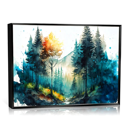 Generic Contemporary Green Trees poster,mountain wall art,Nature Serenity Watercolor Landscape Forest Canvas wall art ，Modern botanical wall art.16x24 inch Black metal Framed