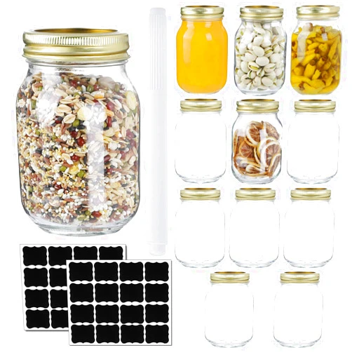 Mcupper 12 Pack 16oz Mason Jars,Glass Jars With Regular Lids and Bands,Canning Jars For Pickles And Kitchen Storage,Wide Mouth Spice Jars With Gold Lids For Honey,Caviar,Herb,Jelly,Jams-20 Black Labels,1 Chalk Marker Included