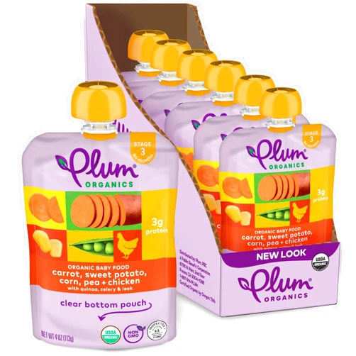 Plum Organics Stage 3 Organic Baby Food - Carrot, Sweet Potato, Corn, Pea, and Chicken - 4 oz Pouch (Pack of 6) - Organic Baby Food Pouch