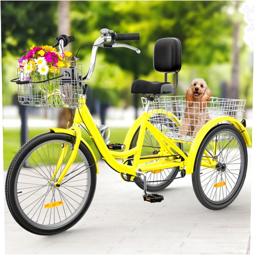 YITAHOME Tricycle, 26 Inch 3 Wheel Bikes, 7 Speed Trike Bike with Shifting for Adults with Removable Baskets, Cruiser Bike for Seniors Women Men Shopping Picnic Outdoor Sports, Yellow