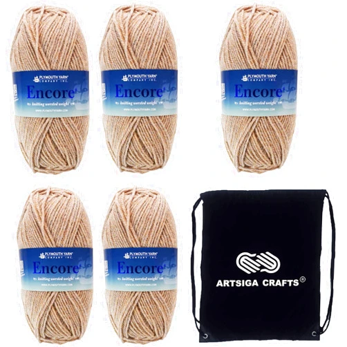 Plymouth Yarn for Knitting Encore Worsted Fawn Mix 1415, 5-Skeins (Same Dyelot, Total: 500 gr, 1000 yds), Medium Weight #4, 75% Acrylic/25% Wool Blend, with Project Bag
