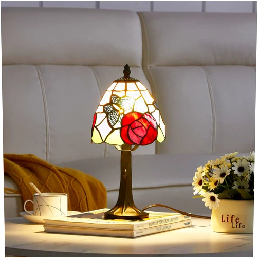 GlitzLamp Butterfly Tiffany Style Stained Glass Table Lamp with 6-inch Wide Complicated Design Lampshade Resin Base for Living Room Bedside Home Decoration, Amber Finish, 12-inch Tall