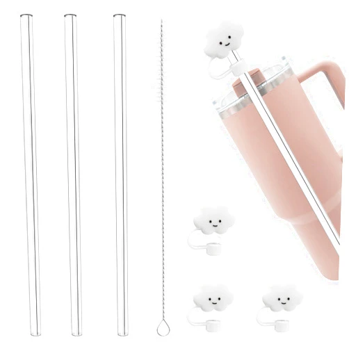 NETRIWOW 3Pcs Replacement Straw with Straw Covers,Compatible with 40oz Stanley Adventure Travel Tumbler, 3 Pcs Clean Straw with Spill Stoppel Set and 1 Cleaning Brushes for Stanley Cup Accessories