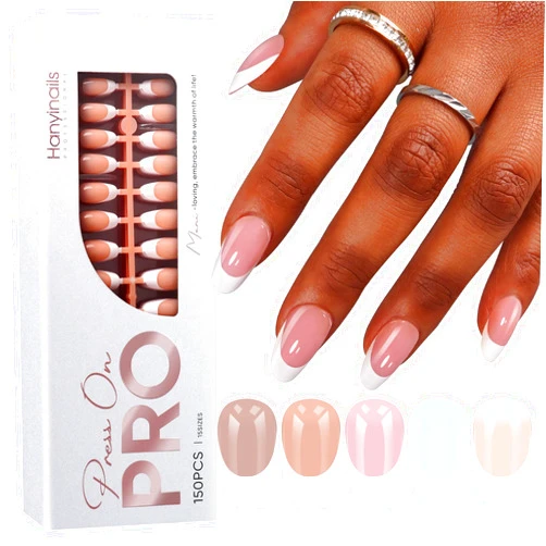 Hanyinails French Tip Nails, 5 Colors French Tip Press On Nails,150 Pcs Medium Almond Soft Gel Nail Tips, Pre-applied Tip Primer&Base Coat, No Need to File Tips Pre-lasting, Nail Art DIY 15 Sizes