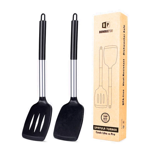 BUNDLEPRO Pack of 2 Silicone Solid Turner, Non Stick Slotted Kitchen Spatulas, High Heat Resistant BPA Free Cooking Utensils, Ideal Cookware for Fish, Eggs, Pancakes(Black)