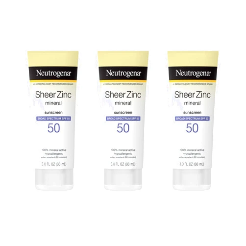 Neutrogena Sheer Zinc Oxide Dry-Touch Mineral Sunscreen Lotion, Broad Spectrum SPF 50 UVA/UVB Protection, Water-Resistant, Hypoallergenic and Non-Greasy, Paraben-Free, 3 fl. oz, Pack of 3